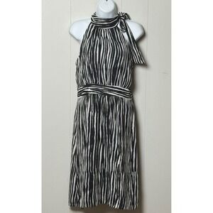 Banana Republic Black White Abstract Stripe Halter Tie Neck Midi Dress Size 2